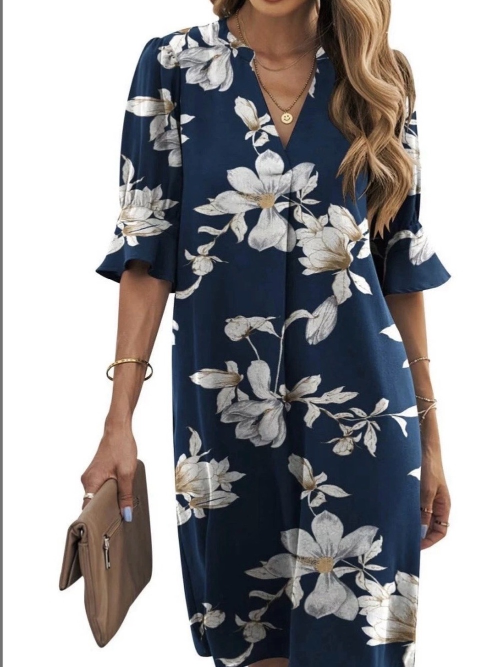 Floral V-Neck Midi Dress in Navy Blue